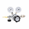 Harris 401C-050-580-A welding gas regulator with dual gauges, single-stage control, brass fittings, and black knob for precise flow.