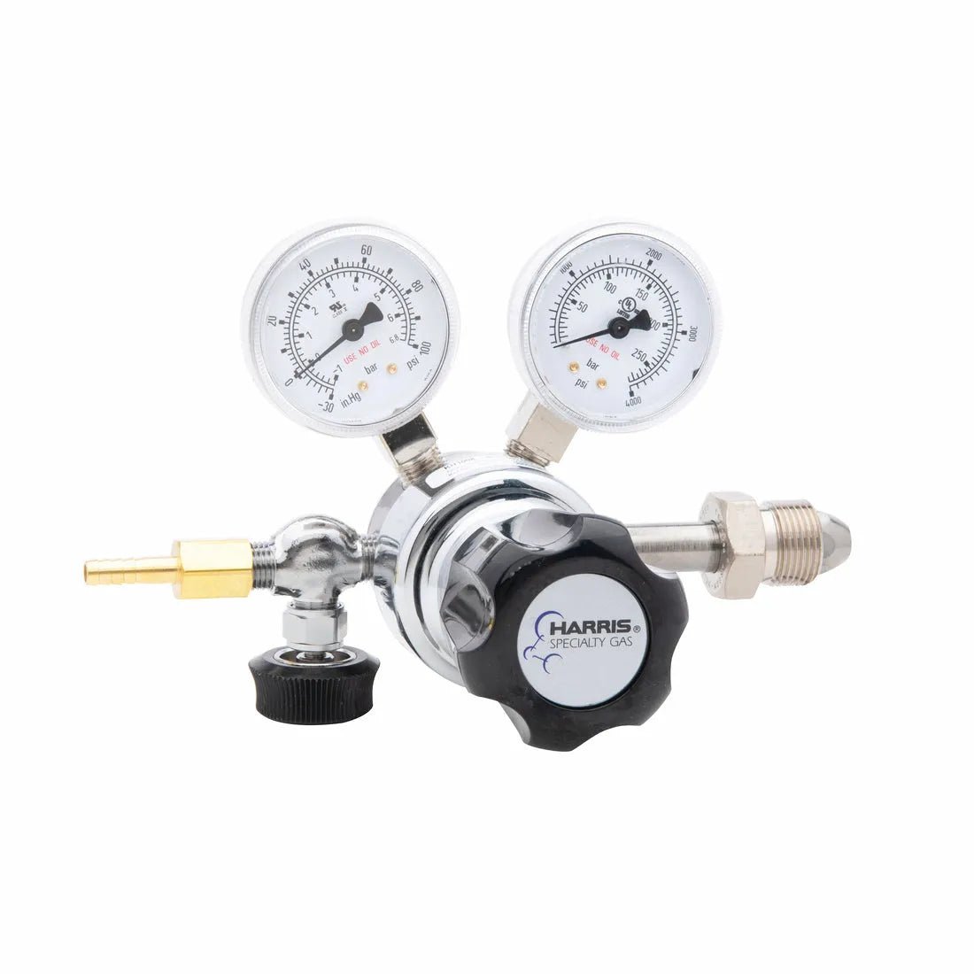 Harris 401C-050-580-A welding gas regulator with dual gauges, single-stage control, brass fittings, and black knob for precise flow.