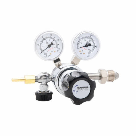 Harris 401C-050-580-A welding gas regulator with dual gauges, single-stage control, brass fittings, and black knob for precise flow.