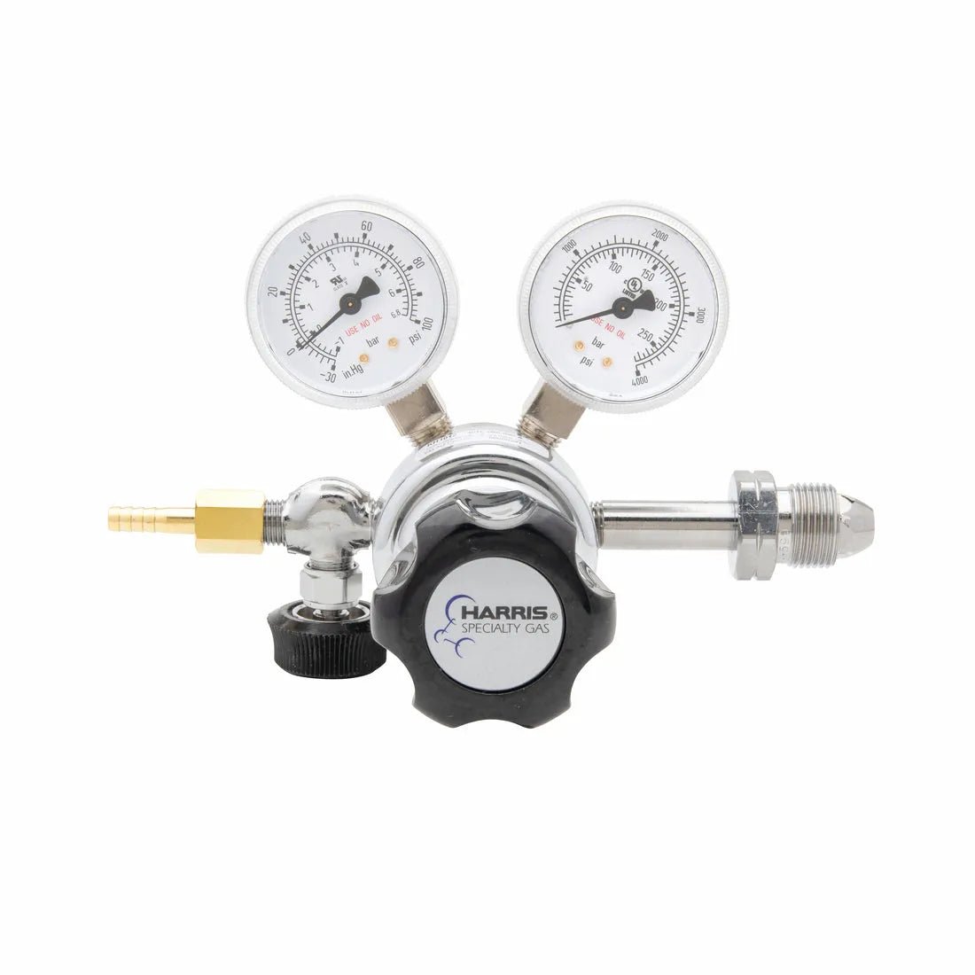 Harris 401C-050-590-A Regulator for welding, single stage, dual gauges, brass fittings, black knob, neoprene diaphragm.