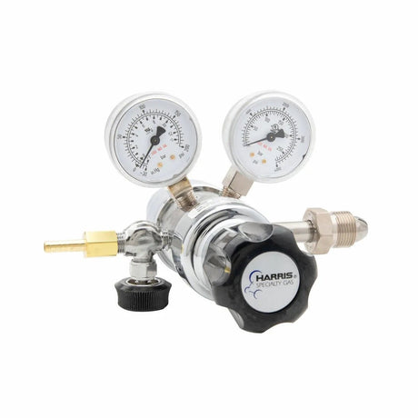 Harris 401C-125-320-A CO2 regulator for welding, with dual gauges, brass nozzle, neoprene diaphragm, durable metal fittings.