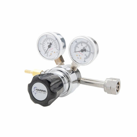 Harris 401C-125-350-A welding gas regulator with neoprene diaphragm, dual gauges, adjustment knob & hose connectors on white.
