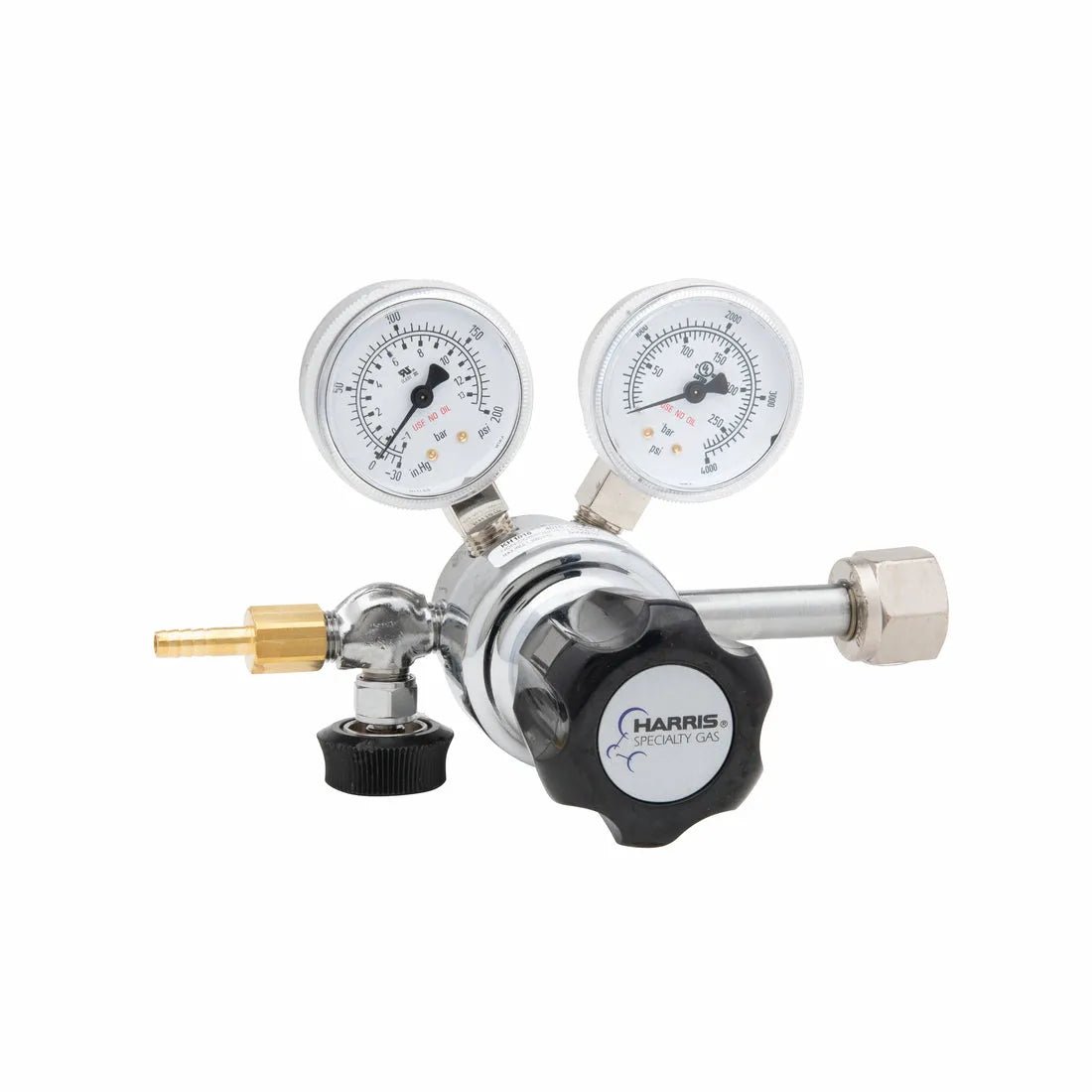 Harris 401C-125-540-A Oxygen Regulator for welding with single stage, dual gauges, brass connector, and black adjustment knob.