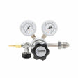 Harris 401C-125-580-A Argon/Helium/Nitrogen welding regulator with dual gauges, black knob, neoprene diaphragm, chrome fittings.