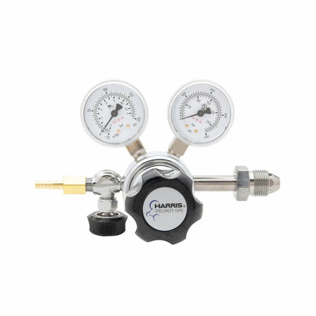 Harris 401C-125-580-A Argon/Helium/Nitrogen welding regulator with dual gauges, black knob, neoprene diaphragm, chrome fittings.