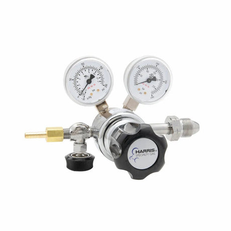 Harris 401C-125-590-A Oxygen/Nitrous Oxide Regulator for welding, dual gauges, neoprene diaphragm, brass fittings, on white.