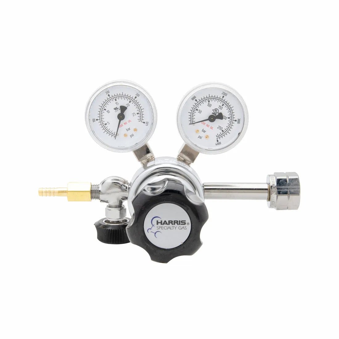 Harris 401C-250-350-A welding gas regulator with dual gauges, neoprene diaphragm, brass outlet, for hydrogen/methane/propane.