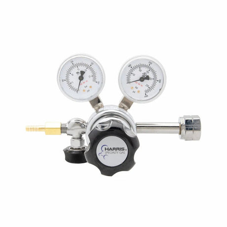 Harris 401C-250-350-A welding gas regulator with dual gauges, neoprene diaphragm, brass outlet, for hydrogen/methane/propane.