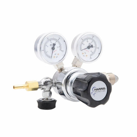 Harris 401C-250-580-A gas regulator for welding, dual pressure gauges, brass fittings, single-stage control for Argon, Helium, Nitrogen.