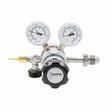 Harris 402C-015-580-A welding gas regulator, dual gauges, central knob, brass hose connector for argon, helium, nitrogen control.