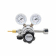 Harris 402C-050-346-A air regulator for welding, brass body, dual gauges, black knob, brass/silver connectors, on white background.