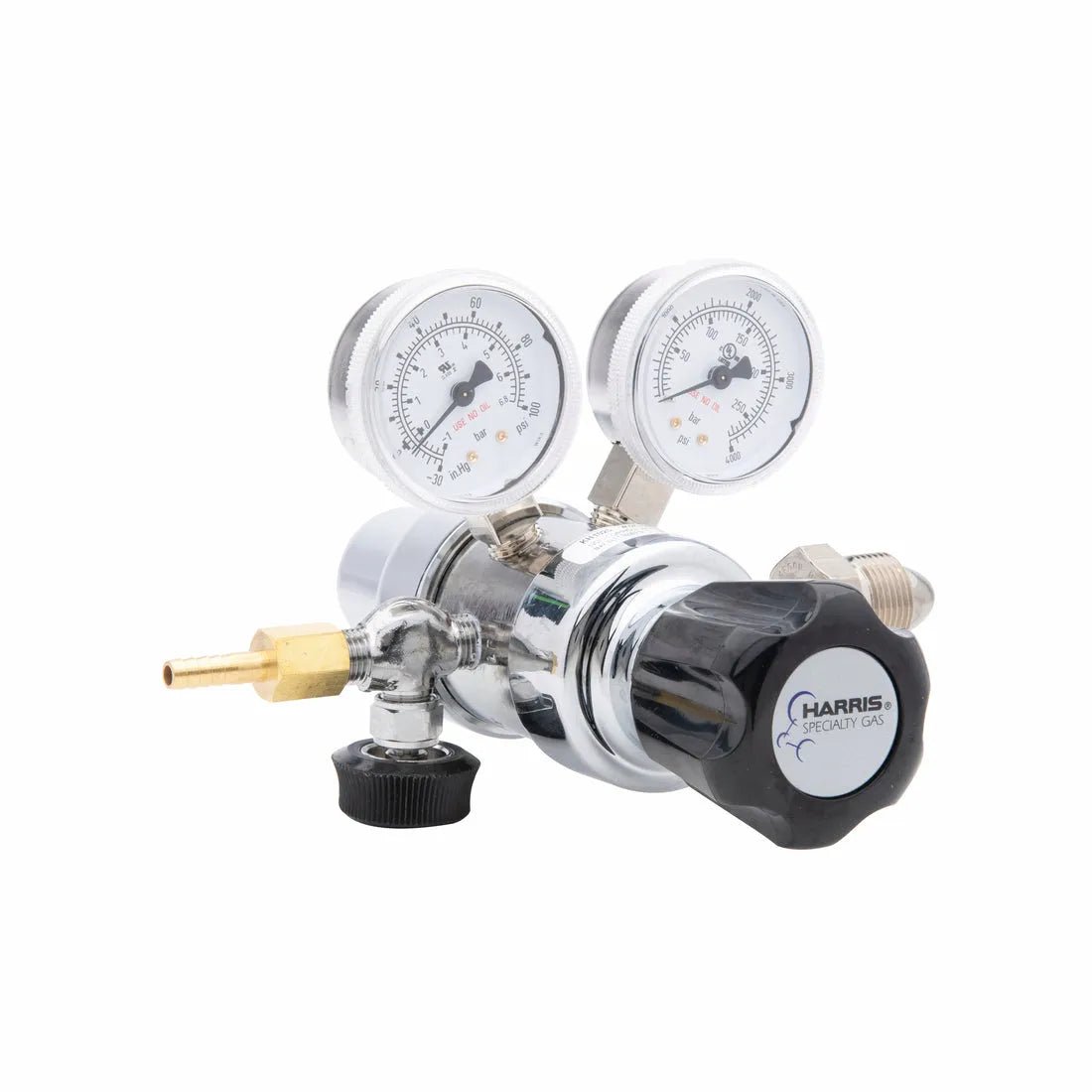 Harris 402C-050-580-A welding gas regulator with dual gauges, chrome finish, black knob, brass fittings, for Argon/Helium/Nitrogen.