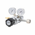 Harris 402C-125-540-A Oxygen Regulator for welding features dual gauges, black knob, brass nozzle & hose connector.