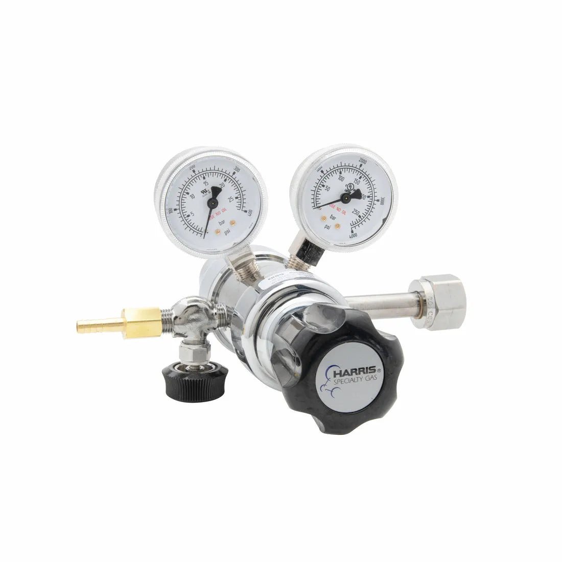 Harris 402C-250-320-A CO2 Regulator for welding, with dual gauges, black adjustment knob, and brass fittings for gas cylinders.