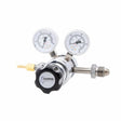Harris 402C-250-580-A welding gas regulator with dual gauges, black knob, brass fittings for Argon, Helium, Nitrogen control.