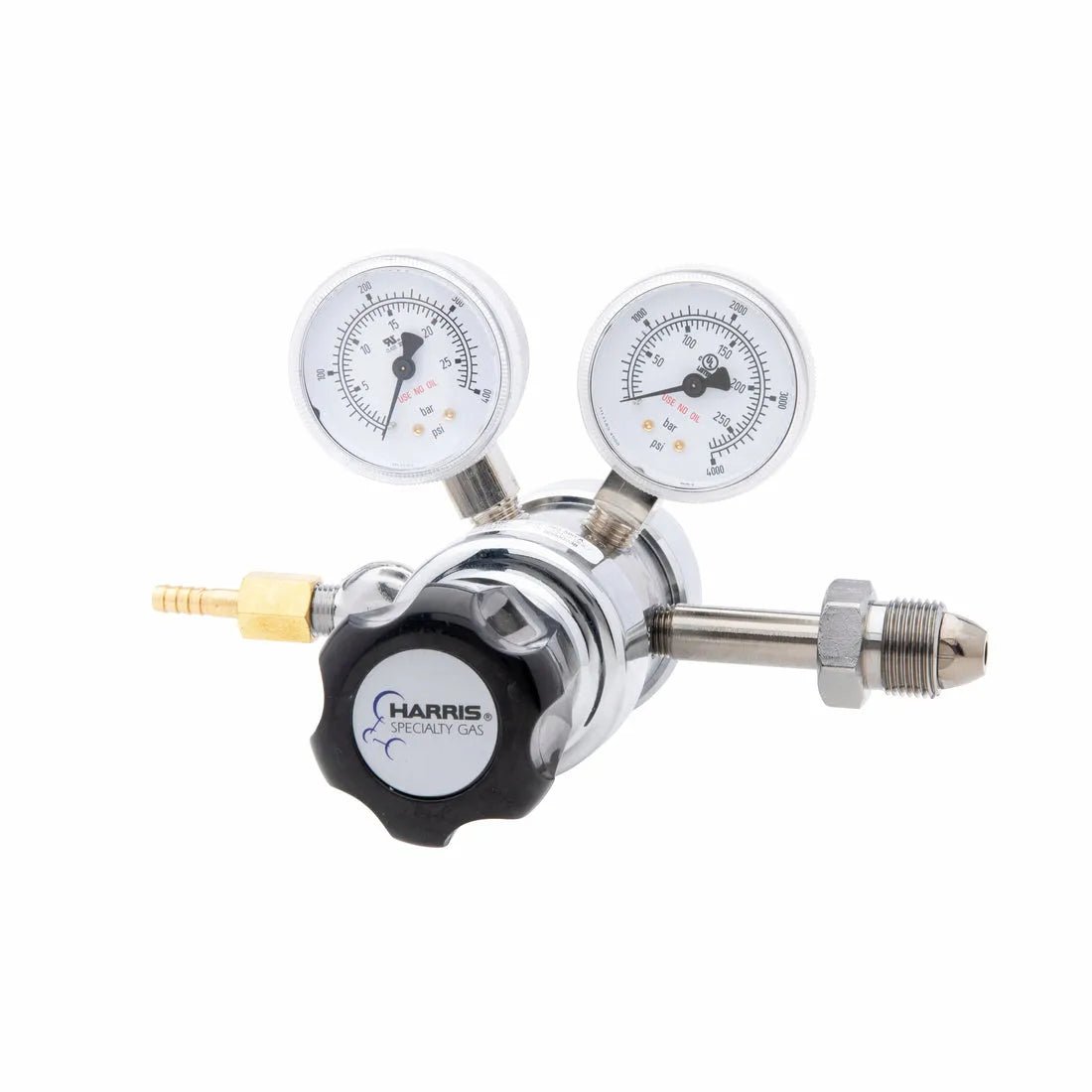 Harris 402C-250-580-A welding gas regulator with dual gauges, black knob, brass fittings for Argon, Helium, Nitrogen control.