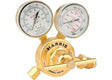 A brass Harris Model 425 argon flowgauge regulator with two pressure gauges on top, displaying measurements in psi and CFH, used as a single stage regulator to control gas flow in welding or industrial applications.