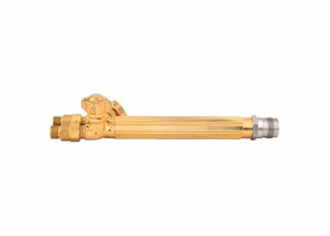 A Harris 43-2 torch handle with threaded connectors on both ends, featuring a control valve near one end, is designed as a heavy duty combination torch handle and shown isolated on a white background.