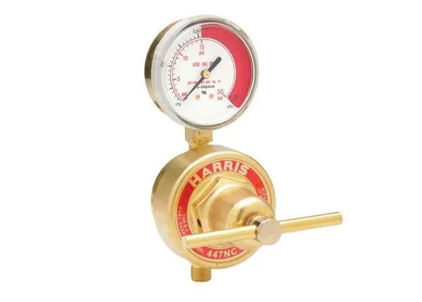 The Harris 4000565 - 447-FG-1/4 in. is a brass body pipeline single-stage flowgauge regulator, featuring a circular gauge on top and horizontal handle, ideal for monitoring low pressure gas regulator applications.