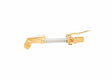 A brass and transparent plastic garden hose nozzle with an angled tip, adjustable flow control knob, and lever handle, reminiscent of the precision found in the Harris Model 49-3AF low pressure injector mixing system, isolated on a white background.