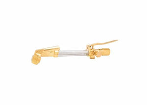 A brass and transparent plastic garden hose nozzle with an angled tip, adjustable flow control knob, and lever handle, reminiscent of the precision found in the Harris Model 49-3AF low pressure injector mixing system, isolated on a white background.