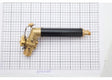 A Harris QC5010AP 50-10-AP torch handle for welding and brazing is shown horizontally on graph paper, displaying its ribbed black grip, brass nozzle, control valves, and a handwritten “Q150104P” label. The grid pattern is visible.