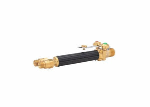 The Harris 1401590 50-10 Automatic Torch Handle is a medium duty model with FlashGuard check valves, a brass and black textured grip, multiple connectors, green and red gas control knobs, and a top lever. Photographed on a white background.