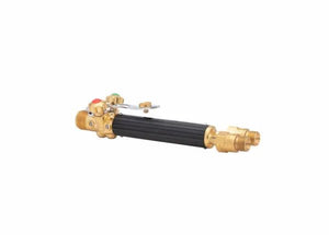 The Harris 1401590 50-10 Automatic Torch Handle is a brass and black medium duty handle with red, green, and silver control knobs. It features threaded brass connectors on each end and FlashGuard check valves for enhanced safety.