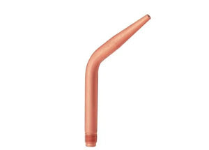 A Harris welding tip made from tellurium copper, this copper gas welding nozzle features a threaded end and a bent, tapered tip for precision welding tasks, isolated on a white background.