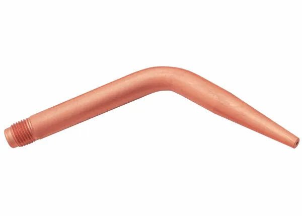 A Harris welding tip crafted from tellurium copper with a threaded end and bent, tapered shape. Designed for attachment to welding equipment, it’s ideal as an acetylene brazing tip for precise and efficient metalwork.