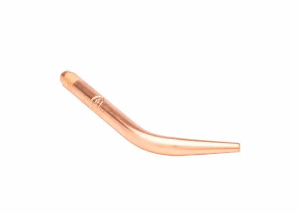A Harris welding tip made from tellurium copper, featuring a curved shape, isolated on a white background.