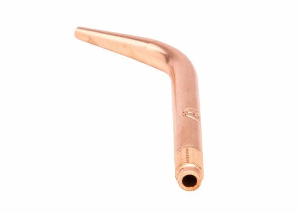 A tellurium copper Harris welding tip with a curved, angled design and threaded end, ideal for acetylene brazing, isolated on a white background.