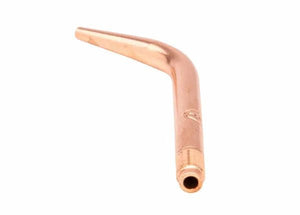 A tellurium copper Harris welding tip with a curved, angled design and threaded end, ideal for acetylene brazing, isolated on a white background.