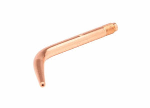 A Harris welding tip made from tellurium copper, featuring a threaded end and a bent nozzle, isolated on a white background.