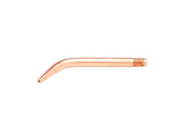 A tellurium copper Harris welding tip with a threaded end and a slightly curved design, photographed on a white background.