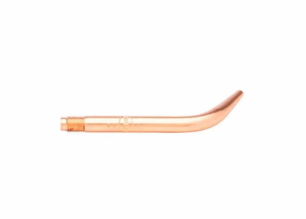A copper-colored, curved metal pipe with a threaded end—crafted from tellurium copper—displayed against a white background.
