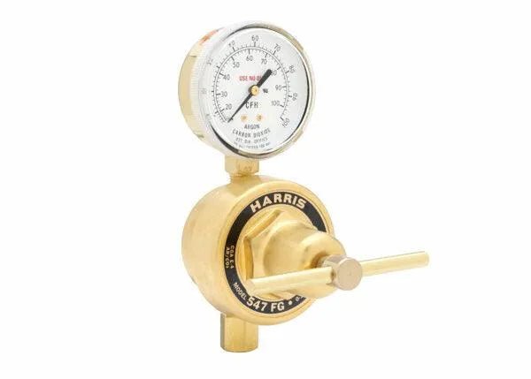 The Harris 4000617 - 547-FG-1/4 DU is a brass single stage pipeline flowgauge regulator with a circular CFM gauge, HARRIS logo on front, and horizontal adjustment handle—ideal for precise gas control.