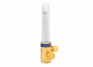 A compensated flowmeter for industrial gases, this brass device features a transparent vertical tube with measurement increments and a blue HARRIS band near the base, which has two adjustment knobs.