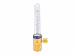 A brass flowmeter with a clear vertical tube marked with measurement lines and a control knob on the side, labeled HARRIS near the base, ideal for gas-shielded welding applications.