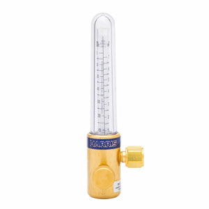 A brass compensated flowmeter with a clear vertical tube, marked for precise industrial gas flow control, labeled HARRIS on a blue band, and featuring a yellow connector—ideal for gas-shielded arc welding applications.