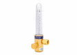 A brass compensated flowmeter with a clear vertical tube marked for precise flow control, a round adjustment knob on the left, and a threaded connector on the right. The HARRIS brand name is visible on the blue band—ideal for gas-shielded welding.