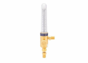 The Harris 5400620 - 55-2Ar/He 70 LH 1/4 in. NPT (M) Compensated Flowmeter features a brass and glass body, vertical transparent tube with markings, fittings, and HARRIS branding for accurate flow control in gas-shielded welding.