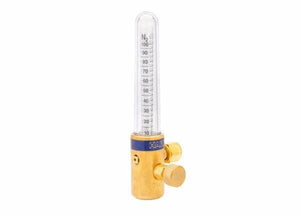 The Harris 5400619 - 55-2Ar/He 70 RH 1/4 in. NPT (M) Compensated Flowmeter features a brass and glass vertical graduated tube (0–100) on a gold base with two adjustment knobs for precise control in gas-shielded arc welding.