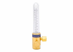 The Harris 5400619 - 55-2Ar/He 70 RH 1/4 in. NPT (M) Compensated Flowmeter is a brass unit with a clear, marked vertical tube for precise gas flow control, ideal for gas-shielded arc welding. The base has a connection port and HARRIS branding.