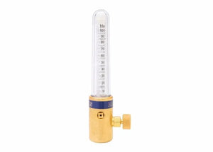 A compensated flowmeter for helium, featuring a clear vertical tube marked from 0 to 100 SCFH, is attached to a brass base with a side valve—ideal for precise gas-shielded welding flow control.