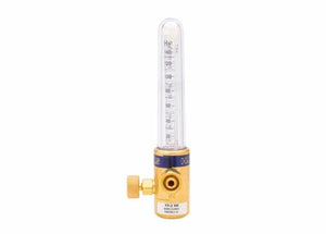A brass and transparent glass compensated flowmeter with a vertical tube marked with measurement units, SCFH flow control knob, and an inlet labeled “IN” at the base—ideal for gas-shielded welding applications.