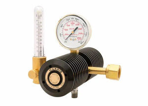 The Harris 3100090 - 6-cd-100f-320 is a high-capacity two stage CO2 flowmeter regulator in brass and black, with cooling fins, a round psi/kPa gauge, vertical glass flowmeter tube, large threaded connector—ideal for demanding applications.