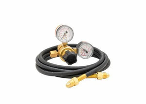 The Harris 3000322 - 601-60Ar-58010 Flowgauge Regulator Shielding Gas Kit features a brass regulator with dual gauges, black adjustment knob, and coiled hose with brass connector—ideal for MIG welder setup, shown on a white background.