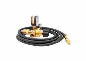 The Harris 3000322 - 601-60Ar-58010 Flowgauge Regulator Shielding Gas Kit features a coiled black hose with brass fittings and a brass/black flowgauge regulator with a white pressure gauge, shown on a white background.