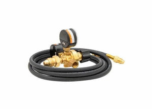 The Harris 3000322 - 601-60Ar-58010 Flowgauge Regulator Shielding Gas Kit includes a coiled black hose, brass regulator with pressure gauge, adjustment knob, and hose connector—ideal for MIG Welder setups.